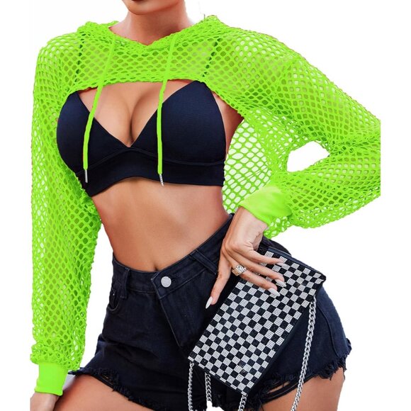 🆕Women’s Green Mesh Hoodie Crop Top Long Sleeve Fishnet Shirt Polyester - Picture 7 of 7